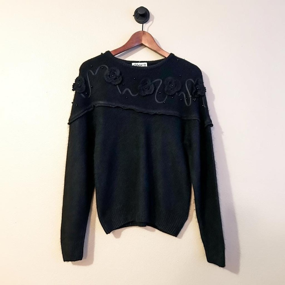 Vintage Fuzzy Silk/Angora Blend Black Sweater Floral Reference Point Whimsigoth